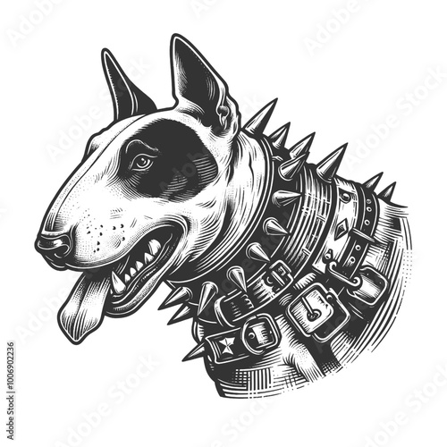bull terrier dog punk. Mohawk hairstyle, wearing a leather jacket and spiked collar in vintage style sketch engraving generative ai vector illustration. Scratch board imitation. Black and white image.