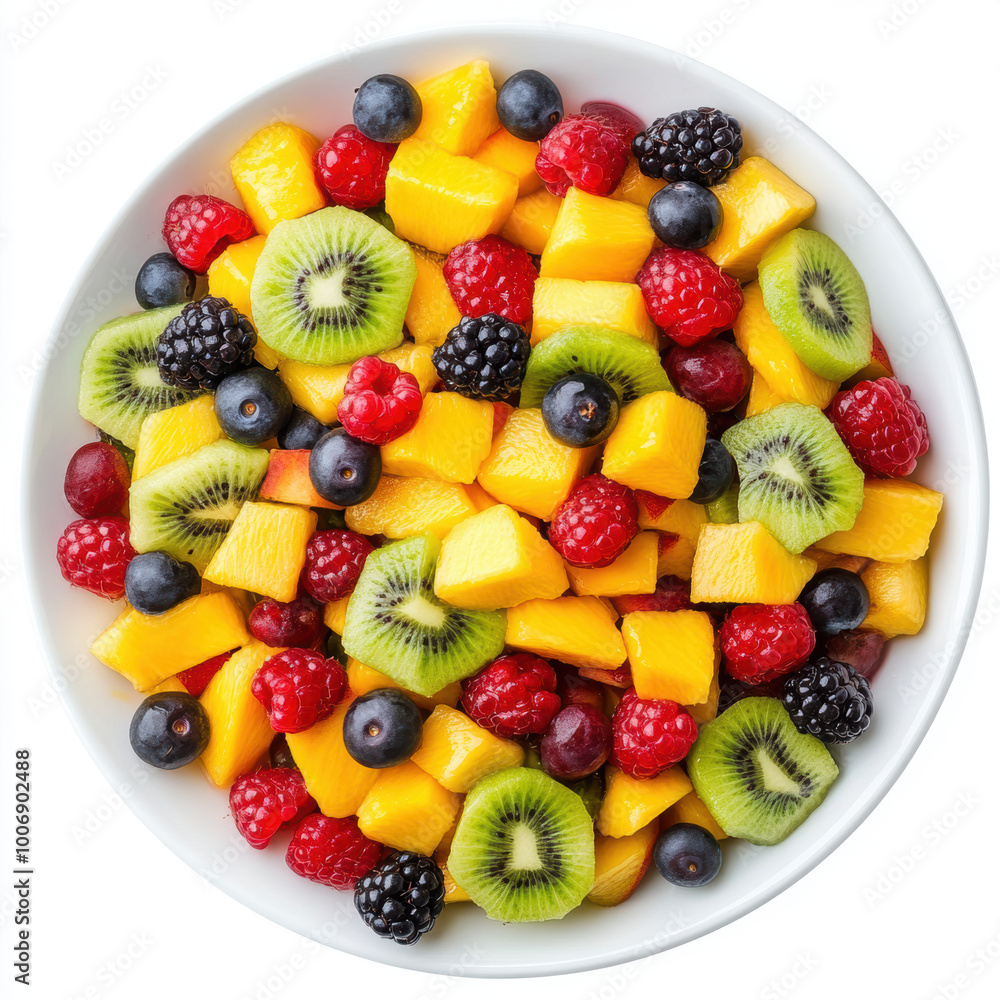 Obraz premium Fresh Mixed Fruit Salad with Mango, Kiwi, Berries, and Peaches.
