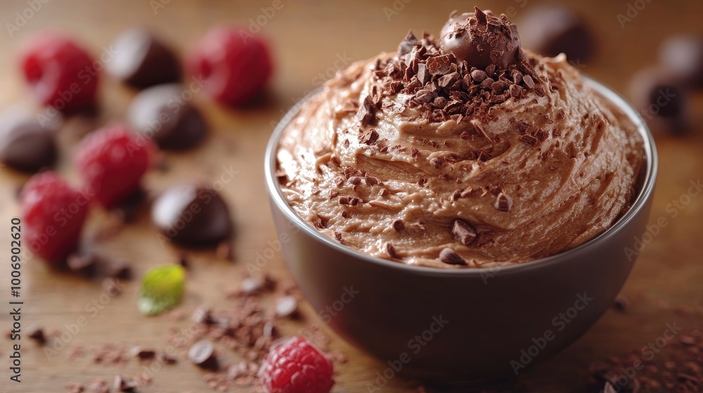 Closeup of Chocolate Mousse in Bowl with Chocolate Shavings and Raspberries