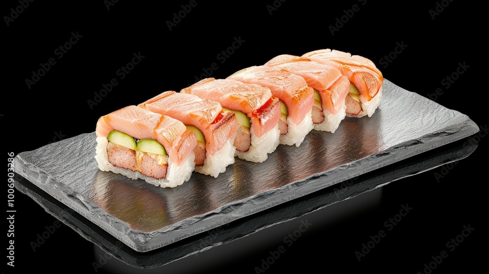 Fresh Salmon Sushi on Slate Plate Fresh Salmon Sushi on Slate Plate