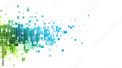 Green and blue colored pixel art technology design isolated on white and transparent background.