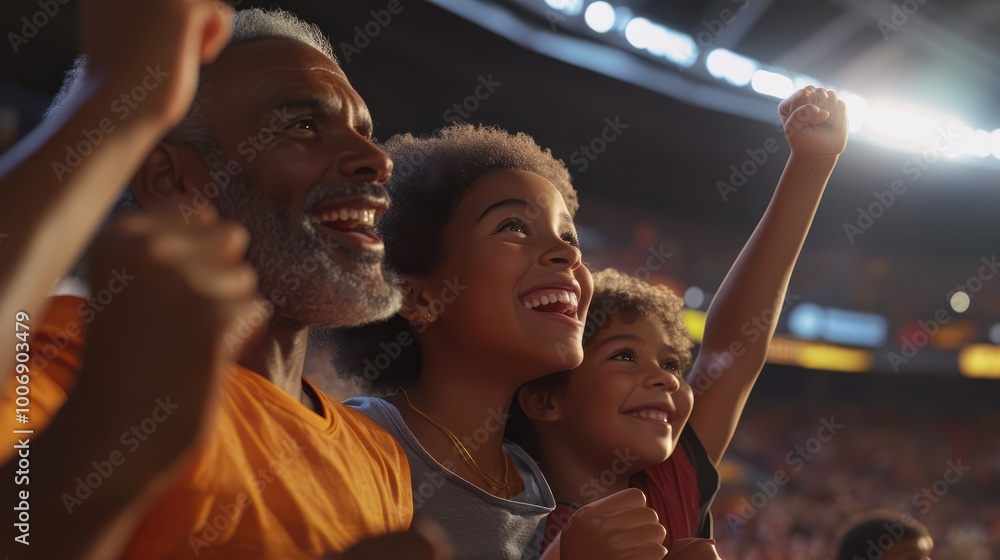 Jubilant family members with raised fists celebrating a moment at a sports game Jubilant family members with raised fists celebrating a moment at a sports game