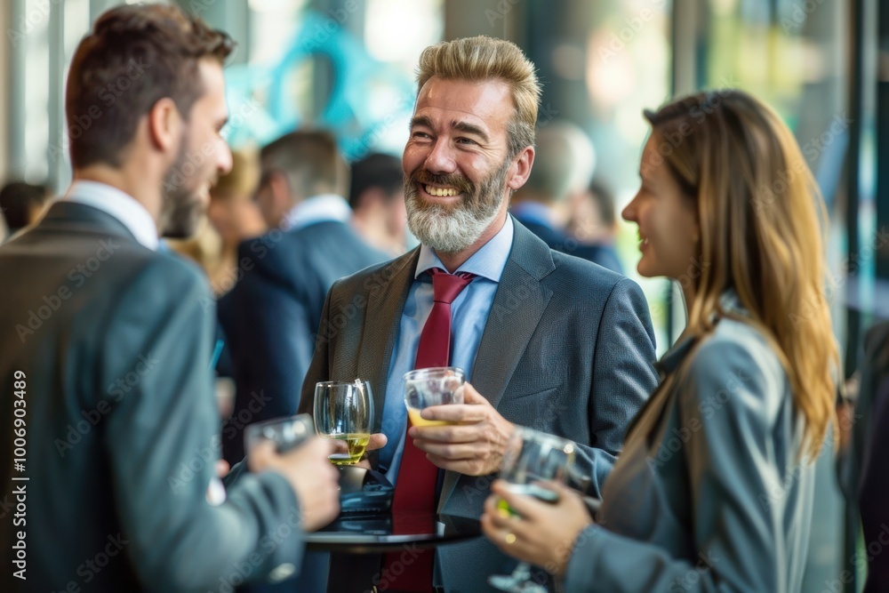 Male and female attendees engage in conversation at a booth during a commercial photography networking trade fair, trade show, and seminar event. Male and female attendees engage in conversation at a booth during a commercial photography networking trade fair, trade show, and seminar event.
