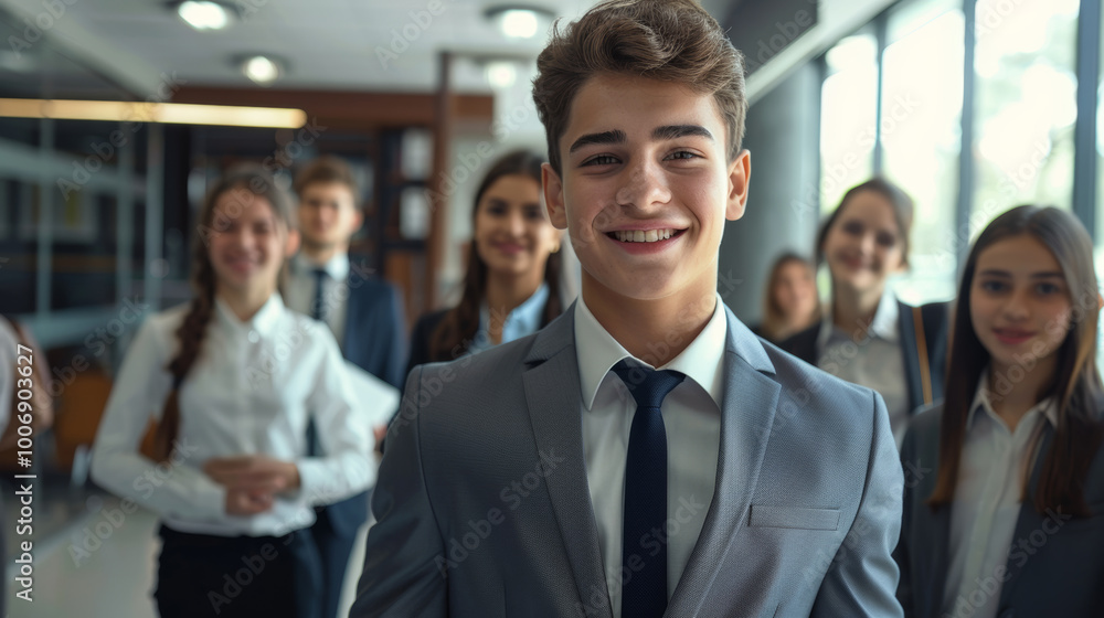 Confident young boys dressed in business attire, standing in an office with serious expressions, emphasizing their ambition and leadership qualities. Confident young boys dressed in business attire, standing in an office with serious expressions, emphasizing their ambition and leadership qualities.