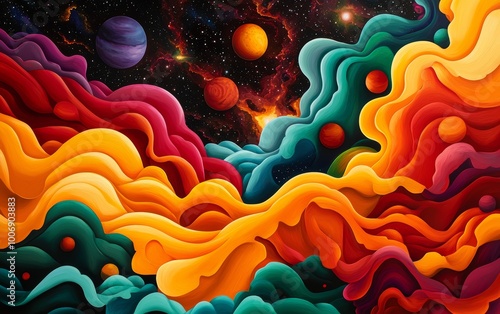 Bright cosmic waves flowing through space, distant planets and stars illuminating the surreal, abstract space environment