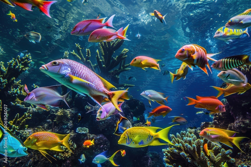 tropical fish swimming among vibrant corals, with a scuba diver observing the underwater beauty. Ideal for marine conservation campaigns and educational exhibits. tropical fish swimming among vibrant corals, with a scuba diver observing the underwater beauty. Ideal for marine conservation campaigns and educational exhibits.