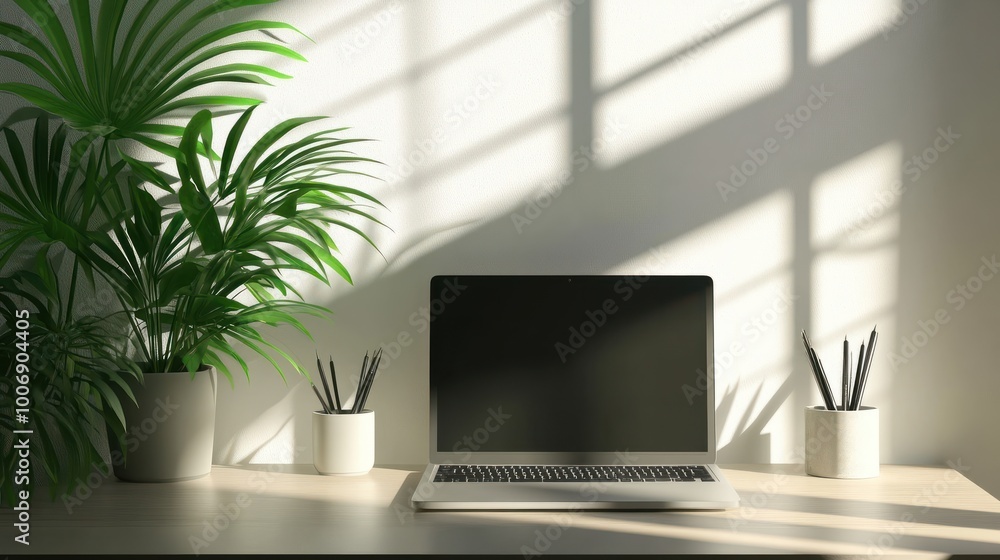 Minimalist Home Office Setup with Plants and Laptop Minimalist Home Office Setup with Plants and Laptop