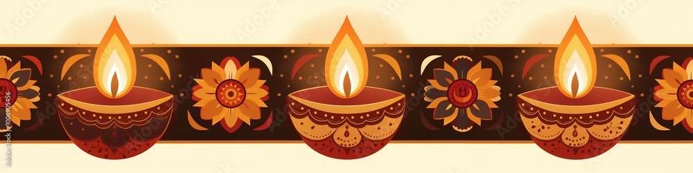 Minimalist Diwali Banner with Horizontal Rangoli Strip and Diyas Glowing in Each Corner
Minimalist Diwali Banner with Horizontal Rangoli Strip and Diyas Glowing in Each Corner
