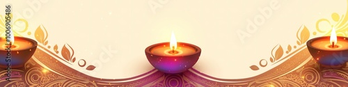 Minimalist Diwali Banner with Horizontal Rangoli Strip and Diyas Glowing in Each Corner	
