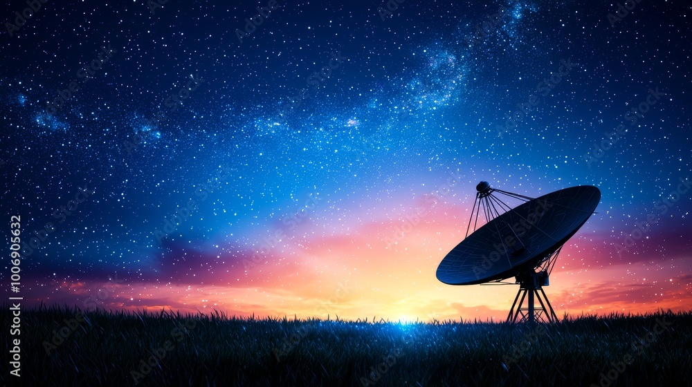 Satellite dish observing the cosmos, framed by a clear night sky filled with stars, blending technology with celestial beauty Satellite dish observing the cosmos, framed by a clear night sky filled with stars, blending technology with celestial beauty