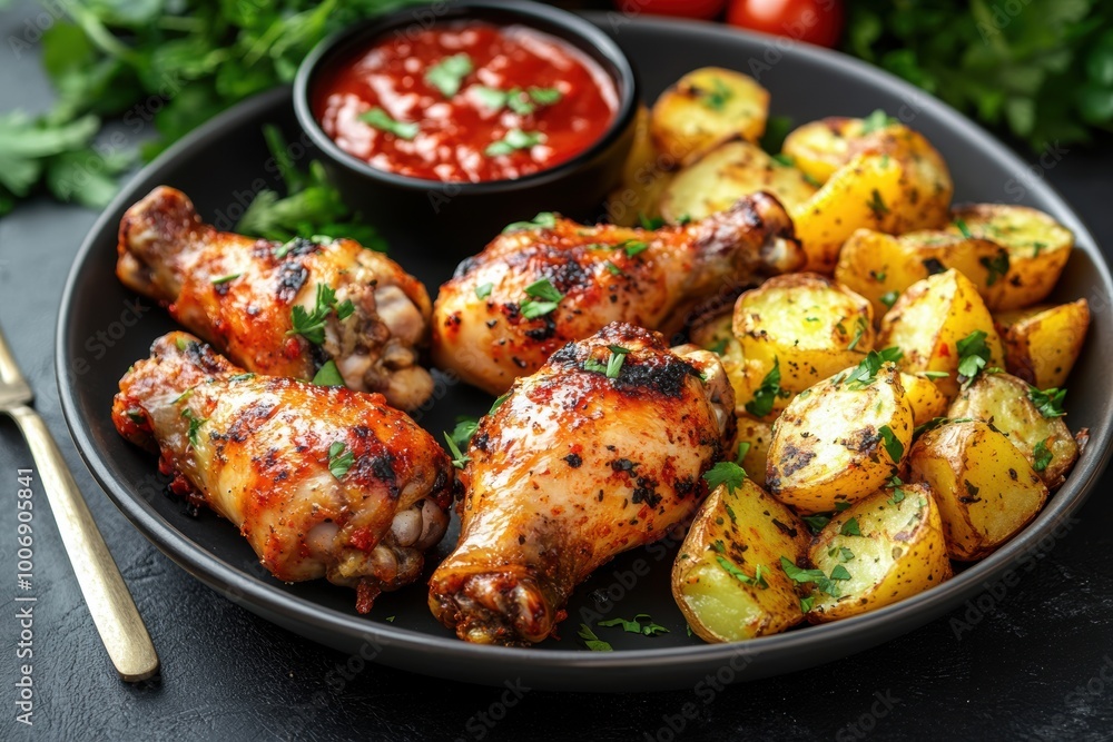 delicious homemade chicken drumsticks with crispy potatoes, ideal for a family dinner banner delicious homemade chicken drumsticks with crispy potatoes, ideal for a family dinner banner
