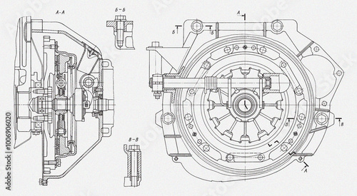 Clutch and wheel of car.
Engineering automotive mechanical drawing of steel 
device. Industrial cad scheme on white paper sheet. 
Technology design of machine building industry. 
Machined template.