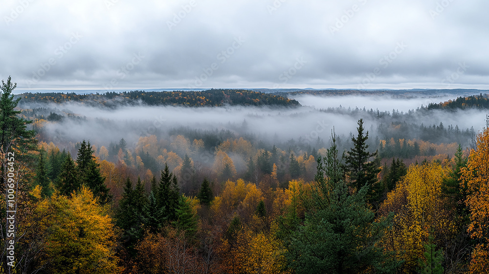 Panoramic view of forest with morning fog. Nature fog Panoramic view of forest with morning fog. Nature fog