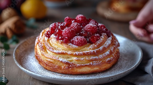 Delicious Raspberry Pastry Dessert on a White Plate