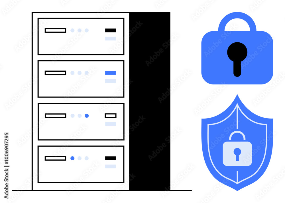 Server rack on the left with four units, blue padlock on top right ...