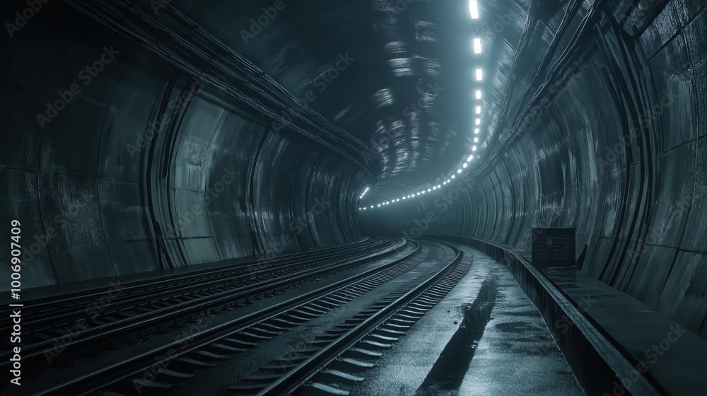 Obraz premium A dark tunnel with illuminated walls and railway tracks, creating a mysterious atmosphere.