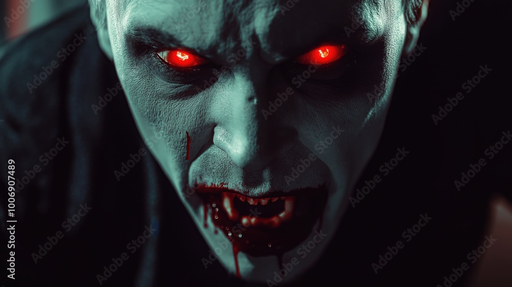 A close-up of a vampire with pale skin, red eyes, and fangs, showcasing a menacing expression. A close-up of a vampire with pale skin, red eyes, and fangs, showcasing a menacing expression.