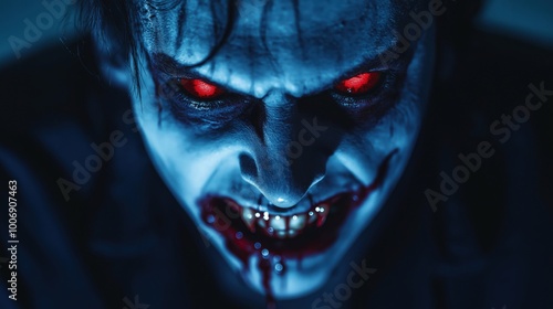 A close-up of a vampire with red eyes and fangs, showcasing a menacing expression. photo