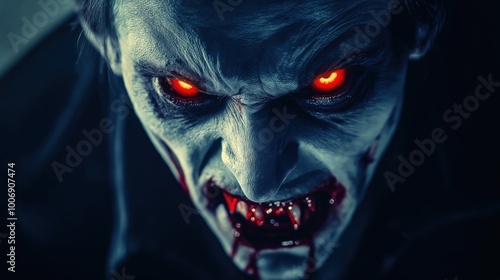 A close-up of a vampire with glowing red eyes and fangs, showcasing a menacing expression.