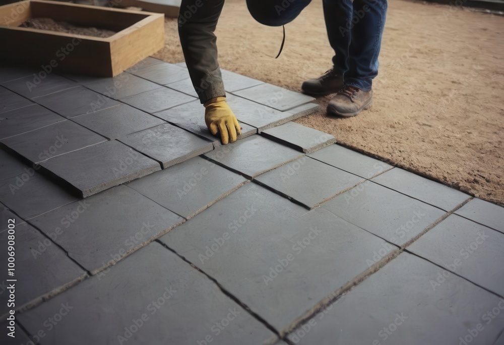 A man and a woman are diligently working on installing a tile floor A man and a woman are diligently working on installing a tile floor