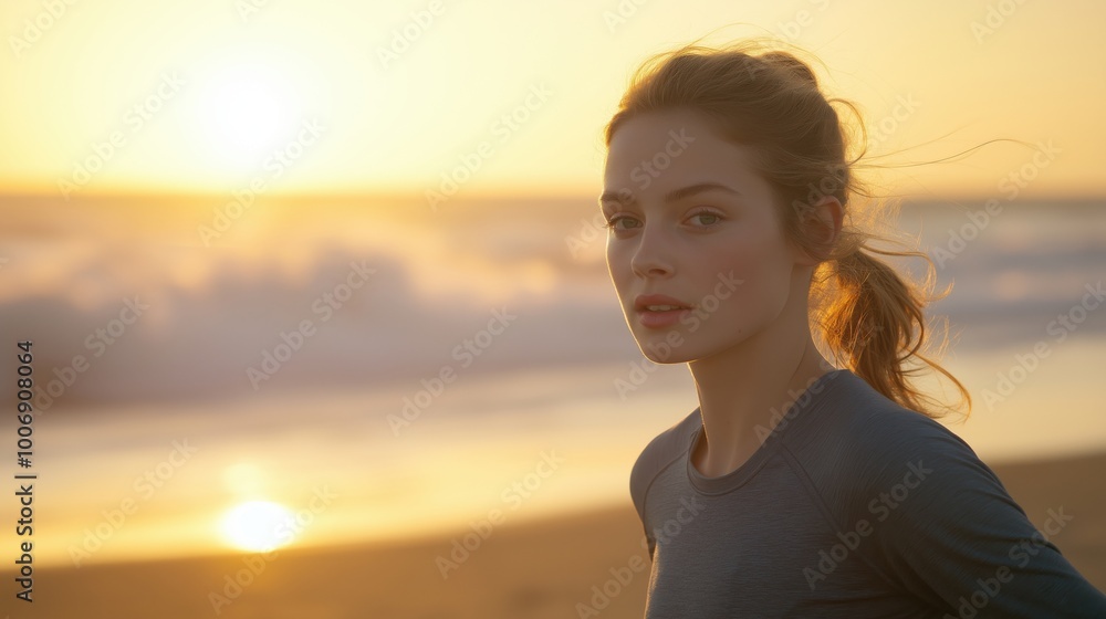 A young woman jogging on the beach during sunset, with a serene expression and soft sunlight. A young woman jogging on the beach during sunset, with a serene expression and soft sunlight.