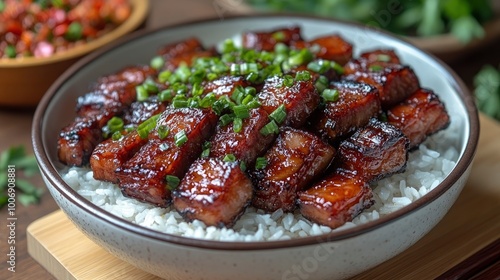 Delicious Asian Pork Belly with Rice and Green Onions