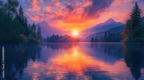 A stunning sunset reflecting on a tranquil lake surrounded by mountains and trees.