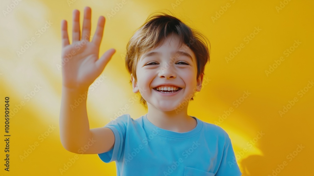 A cheerful young boy in a blue t-shirt waving his hand against a bright yellow background. A cheerful young boy in a blue t-shirt waving his hand against a bright yellow background.