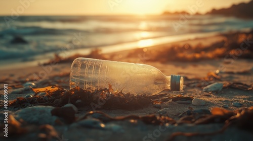 A plastic bottle lying on the sand with seaweed during sunset.