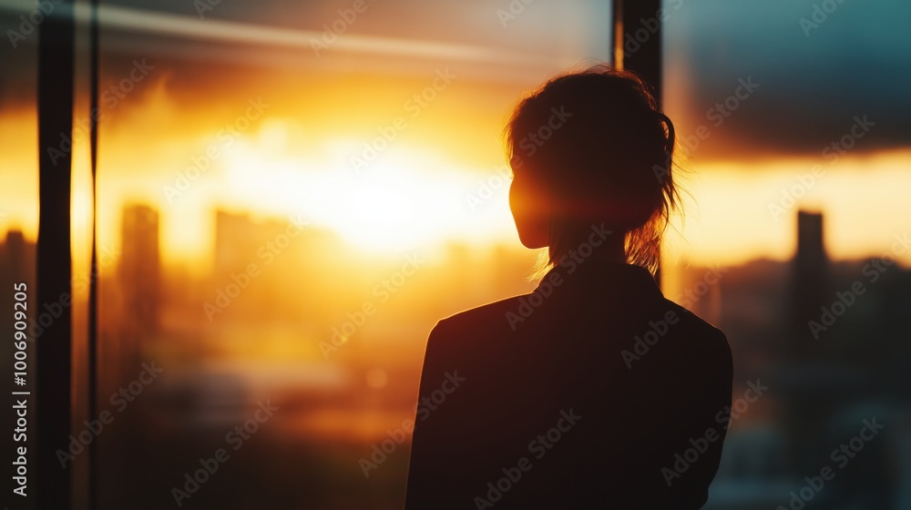 A businesswoman silhouette looking out at a sunset over the city skyline. A businesswoman silhouette looking out at a sunset over the city skyline.