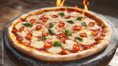 Margarita pizza placed on stone, flames flickering, 3D illustration photo