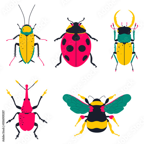 Cute colorful insects. Bumblebee, ladybug, stag beetle, cockroach, Rhynchites. Vector illustration set of icons.