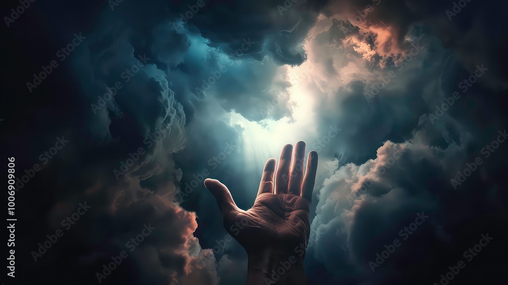 A hand reaches up towards a bright light shining through dark clouds. A hand reaches up towards a bright light shining through dark clouds.
