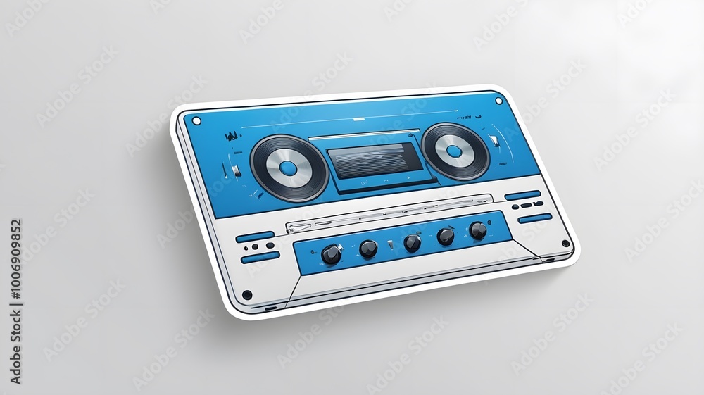 Fototapeta premium Cassette tape, blue design, white background.
