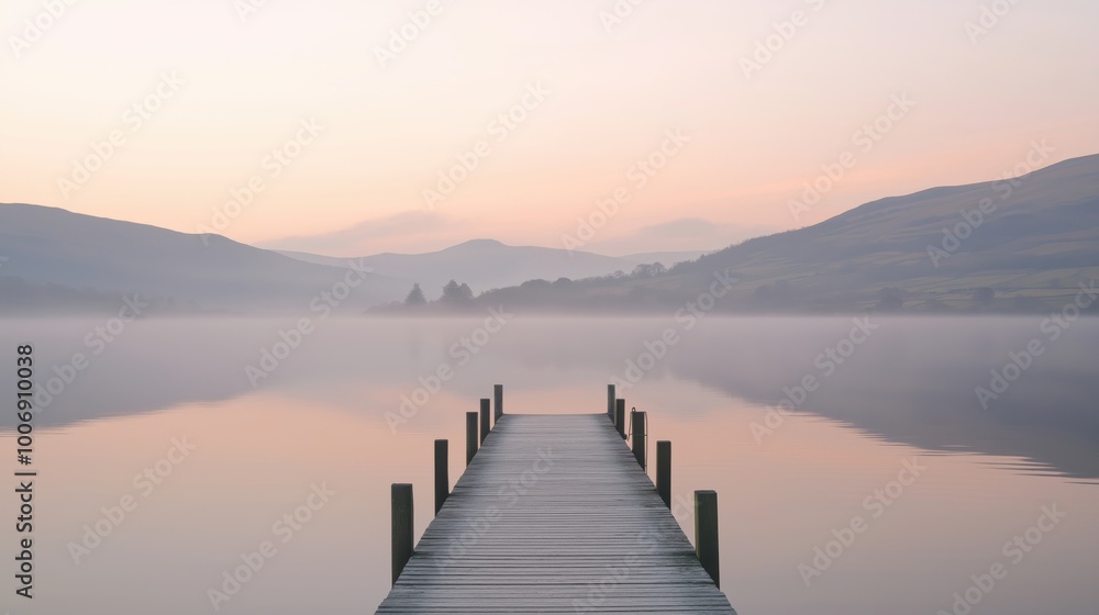 Obraz premium A peaceful wooden dock extending into a misty lake at dawn, surrounded by soft hills.