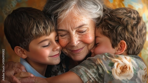 three generations embrace in a heartwarming family portrait a grandmother hugs her two grandchildren all beaming with genuine smiles the image radiates love connection and joy