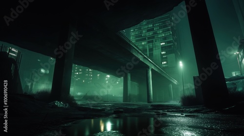 A dark, eerie urban scene featuring a bridge and tall buildings under greenish lighting.