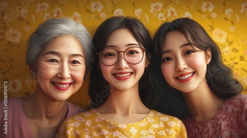 Three generations of Asian females. Portrait of grandmother, mother and daughter, Happy family of three generations. photo