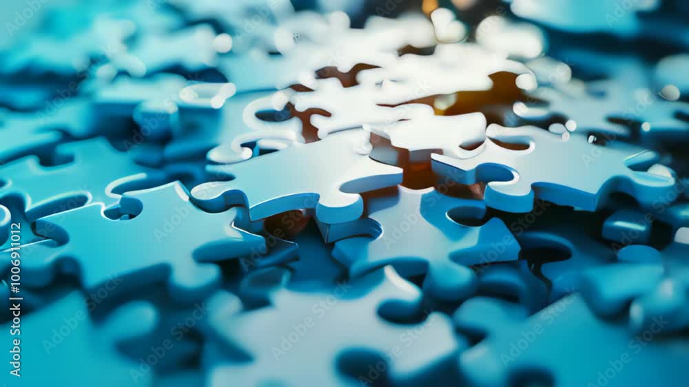 Blue and White Puzzle Pieces Interlocking on a Tabletop Surface Blue and White Puzzle Pieces Interlocking on a Tabletop Surface