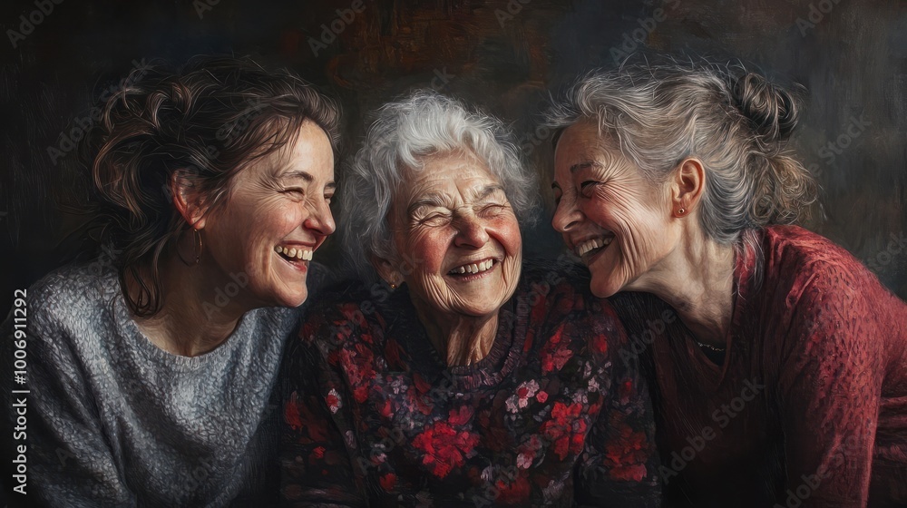 Three generations of women in a family, side by side, laughing and smiling. Three generations of women in a family, side by side, laughing and smiling.