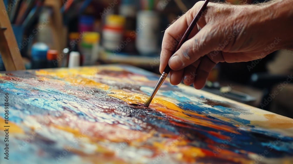 A close-up of a hand holding a paintbrush, creating vibrant strokes on a canvas. A close-up of a hand holding a paintbrush, creating vibrant strokes on a canvas.