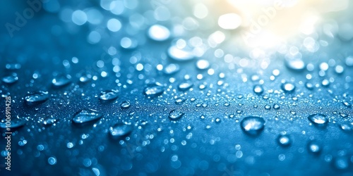 Serene Macro Shot of Blue Water Droplets on Smooth Surface with Gentle Highlights and Shadows