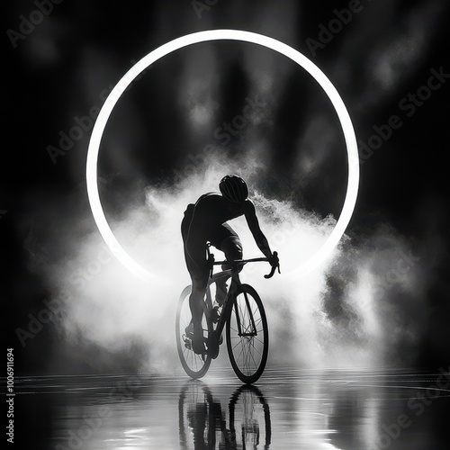 Silhouette of a cyclist riding through a smoky scene with a glowing circle of light in the background.
