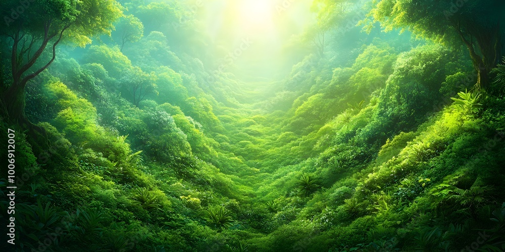 Fototapeta premium Vibrant forest landscape captured from a high drone perspective with sunlight filtering through the lush greenery