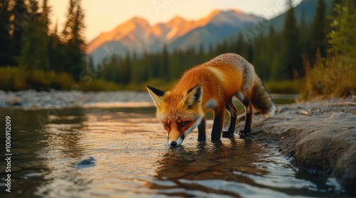 A fox drinks from a river at dusk, with the golden light reflecting on the water, wild scene.