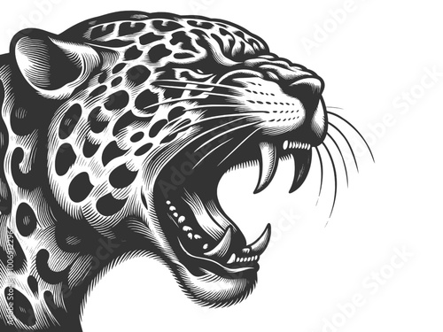 roaring growling leopard tattoo, capturing its fierce expression and sharp fangs in a retro art style sketch engraving generative ai vector illustration. Scratch board imitation. Black and white image photo