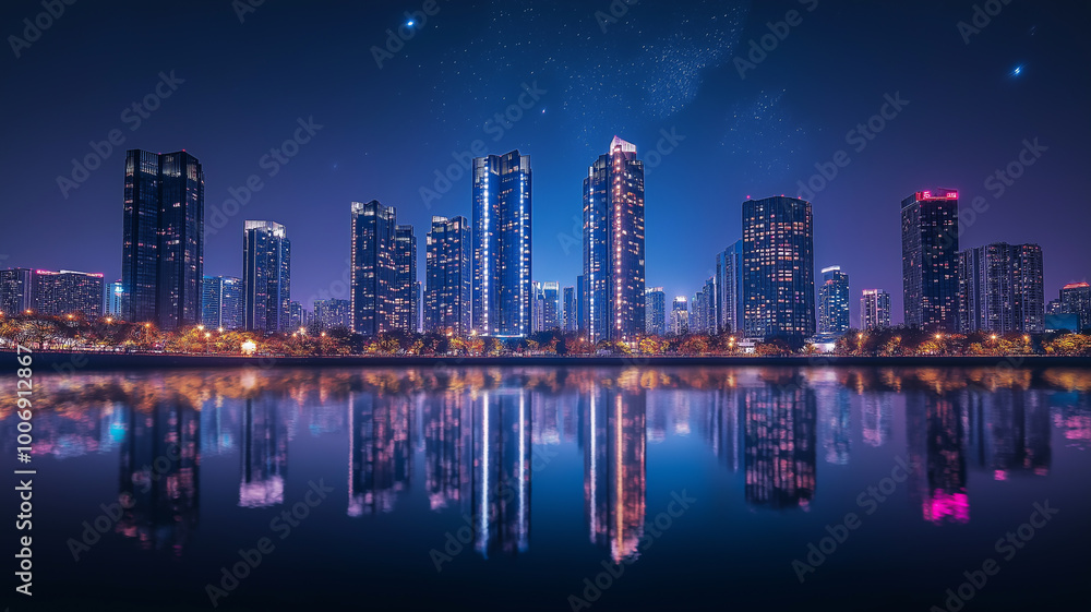 Fototapeta premium Cityscape at Night with Reflections, a stunning urban cityscape at night