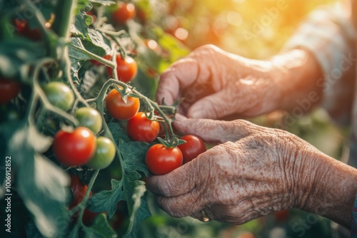 Close up of elderly hands carefully picking ripe cherry tomatoes from a lush garden vine.