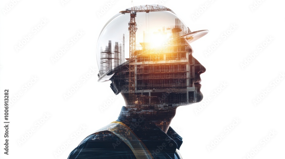 A double exposure image of an engineer in a hard hat blended with a cityscape on white background. A double exposure image of an engineer in a hard hat blended with a cityscape on white background.