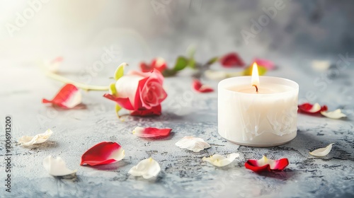 A lit candle, a single rose, and rose petals scattered on a grey surface, with a warm glow from the sun.